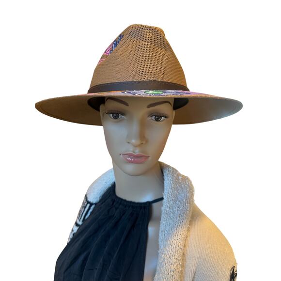 BOHO Hand Painted Artesian Mexican Straw Fedora Hat Floral Birds Artsy SZ Large - Picture 13 of 16
